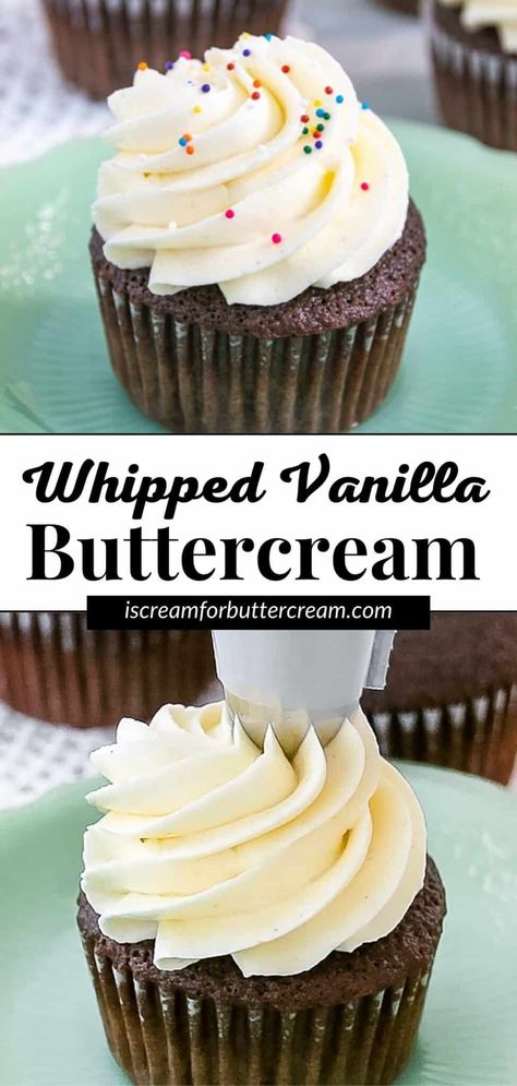 This whipped vanilla American buttercream frosting is a light and fluffy twist on traditional American buttercream and is ideal for topping cakes or cupcakes or to use as a filling. Best Homemade Frosting For Cupcakes, Walmart Whipped Frosting Recipe, Pipeable Buttercream Frosting, Celestial Cupcakes, Buttercream For Piping, Whipped Icing Recipes, Buttercream Frosting Recipe Easy, Whipped Vanilla Frosting, Cupcake Icing Recipe