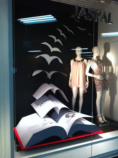 . Book Stage Design, Flying Books Display, Book Window Display, Book Exhibition Display, Book Exibition Design, Book Store Window Display, Book Wall Art Installation, Sewing Machine Drawing, Book Installation