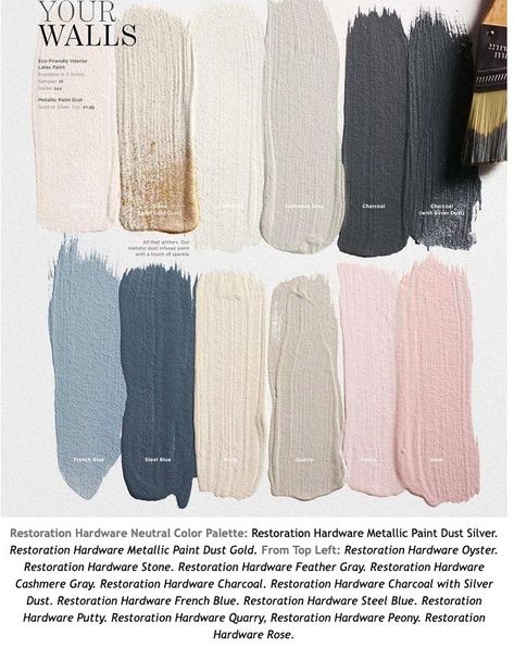 Restoration Hardware Metallic Paint Dust Silver. Restoration Hardware Metallic Paint Dust Gold. From Top Left: Restoration Hardware Oyster. Restoration Hardware Stone. Restoration Hardware Feather Gray. Restoration Hardware Cashmere Gray. Restoration Hardware Charcoal. Restoration Hardware Charcoal with Silver Dust. Restoration Hardware French Blue. Restoration Hardware Steel Blue. Restoration Hardware Putty. Restoration Hardware Quarry, Restoration Hardware Peony. Restoration Hardware Rose. Foyer Colors, 1920 Bungalow, Restoration Hardware Paint, Murs Roses, Modern Scandinavian Interior, Craft Space, Bedroom Furnishings, Paint Swatches, Scandinavian Interior Design