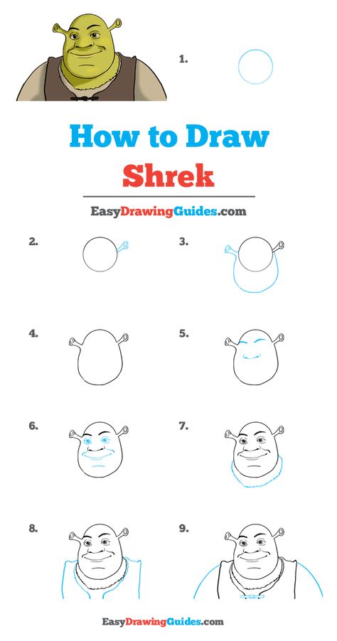 How to Draw Shrek - Really Easy Drawing Tutorial Cartoon Character Easy Drawing, Shrek Craft Ideas, Disney How To Draw, How To Draw Shrek, Shrek Drawing Easy, How To Draw Cartoon Characters, Shrek Doodle, Shrek Sketch, How To Draw Disney Characters