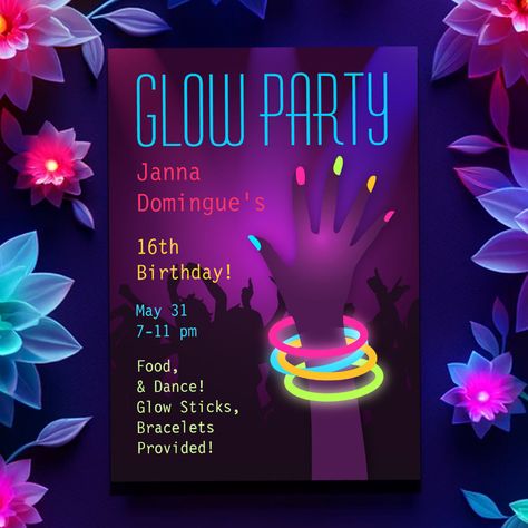 Rave Glow in the Dark Party Invitations Teenage Parties, Glow In The Dark Party, Blacklight Party, Neon Birthday, Dark Party, Invitations Birthday, 2nd Birthday Invitations, Glow Party, Neon Glow