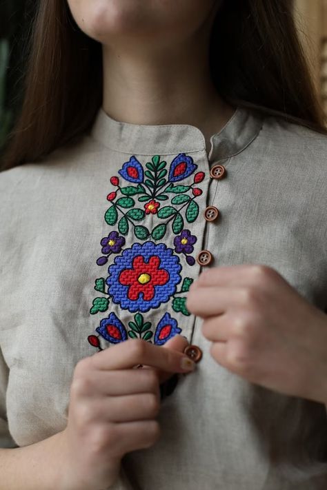 Cotton Embroidered Blouse Ukrainian Traditional Vyshyvanka - Etsy Ukrainian Pattern, Ethnic Patterns, How To Iron Clothes, Embroidered Blouse, Linen Clothes, Cross Stitch Designs, Natural Fabrics, Embroidered Flowers, Couple Gifts