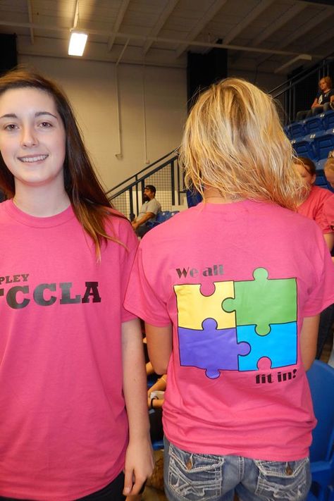 Our FCCLA t-shirts.  This is our theme for the year, "We all fit in". Fccla Tshirt Ideas, Fccla Themes, Fccla Shirts Design, Fccla Shirts, Fccla Ideas, Facs Classroom, Smile Club, Service Projects For Kids, Locker Decorations