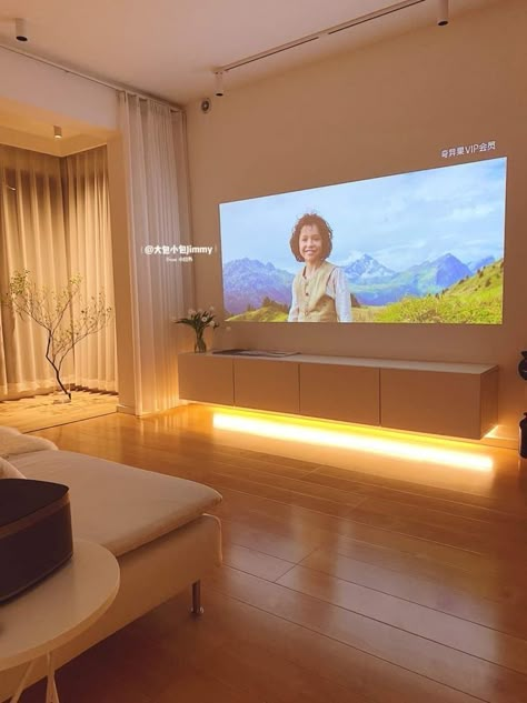 Soft Minimal Living Room, Small Living Room Minimal, Living Room Projector Wall, Living Room Projector Ideas, Projector In Living Room, Aesthetic Room Cute, Projector Aesthetic, California Bedroom, Minimalist Living Room Apartment