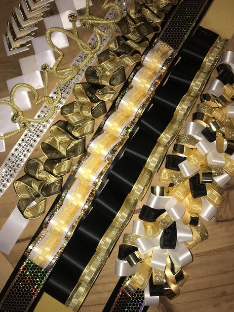 Mum Black And Gold, Jaguar Homecoming Mum, Homecoming Mums Black And Gold, Black And Gold Mums For Homecoming, Hoco Garter, Cheer Homecoming, Homecoming 2023, Prom Invites, Hoco Mums