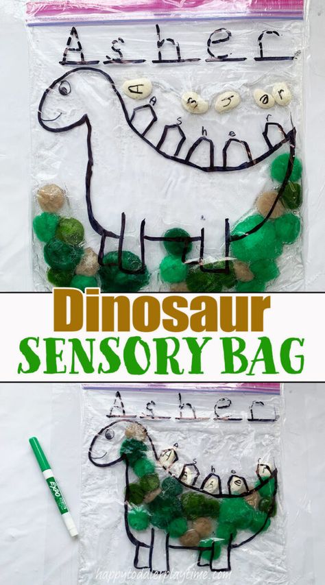 Dinosaur Sensory Bag: Easy Name Recognition Activity - Happy Toddler Playtime Dino Toddler Activities, Dino Activities For Toddlers, Dinosaur Toddler Activities, Dino Sensory Bin, Dinosaur Sensory Activities, Tots Activities, Dinosaur Preschool, Dinosaur Sensory, Dinosaurs Preschool