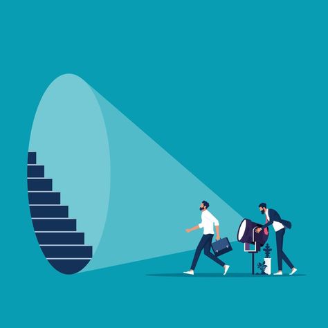 Businessman holding spotlight uncovering hidden stairs for partner walking forward businessman vector illustration, Uncovering business strategy and career concept Spotlight Poster, Career Illustration, Stairs Illustration, Strategy Illustration, Hidden Stairs, Walking Forward, Building Illustration, Space Illustration, Spicy Snacks