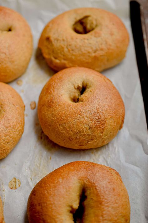 The whole wheat sourdough bagels are on a piece of parchment paper on a baking sheet. Whole Wheat Bagels, While Wheat Sourdough, Whole Wheat Sourdough English Muffins, Sourdough Whole Wheat Bagels, Little Spoon Farm Sourdough Bagels, Whole Wheat Cookies, Whole Wheat Bagel, Sourdough Bagels, Whole Wheat Sourdough