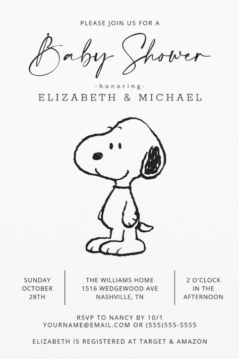 Peanuts Snoopy - Baby Shower Invitation
Invite all your family and friends to your Baby Shower with these cute Peanuts invitations featuring Snoopy! Personalize by adding all your party details! Snoopy First Birthday Party, Snoopy Themed Baby Shower Ideas, Piñata Gender Reveal, Peanuts Baby Shower Ideas, Snoopy Baby Shower Cake, Snoopy Baby Shower Decorations, Snoopy Party Ideas, Snoopy Baby Shower Ideas, Snoopy Baby Shower Theme