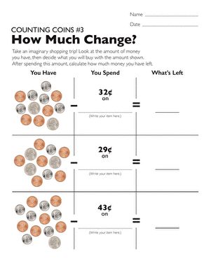 Counting Money Worksheets Kindergarten, Learning To Count Money, Coin Counting Worksheet, 2nd Grade Coin Worksheet, Counting Coins First Grade, Counting Coins, Money Math, Subtraction Worksheets, Math Concepts