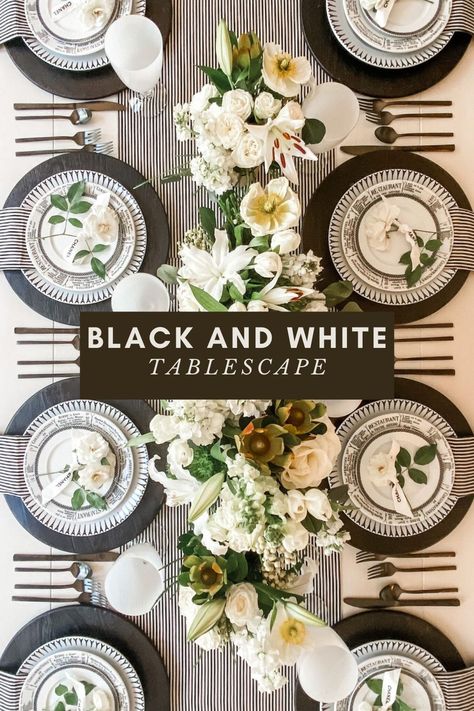 Table Setting Black And White, Table Setting Black, Black And White Table Setting, White Dinner Table, Parisian Dinner Party, Parisian Dinner, White Table Setting, White Tablescape, Black And White Table