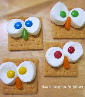 Octopus Snacks For Kids, No Cook Snacks For Kids To Make, Smores Tutorial, Literary Snacks, Owl Snacks, Classroom Snacks, Owl Classroom, Christian Studies, Preschool Snacks