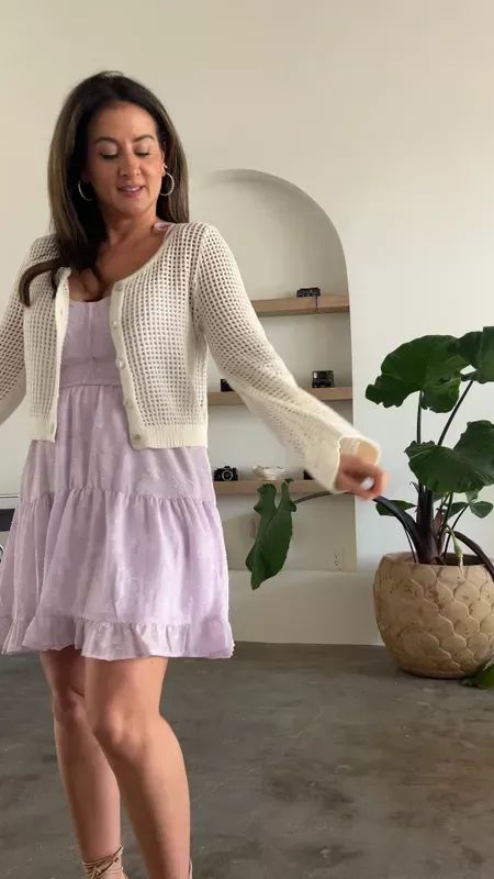 Target lavender mini dress and open-front sweater with bell sleeves Lavender Sundress, Lavender Mini Dress, Cute Western Outfits, Spring Cardigan, Spring Cardigans, Front Sweater, Open Front Sweater, Spring Outfits Women, Western Outfits