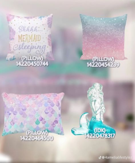 Stitch Decals Bloxburg, Bloxburg Mermaid Decal Codes, Unicorn Decals Bloxburg, Mermaid Decals Bloxburg, Pillow Decal Codes, Mermaid Decals, Roblox Houses, Bloxburg Food Decals, Girls Room Decals