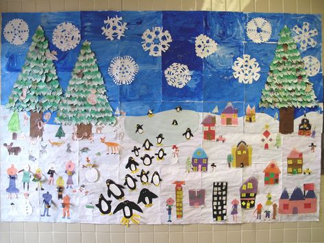 In the couple of weeks before we let out for Christmas Break, the elementary students created a Winter Mural. I wanted to do something diffe... Elementary Winter Art, Winter Mural, Winter Displays, Winter Display, Winter Art Lesson, Elementary Art Rooms, Tree Collage, Collaborative Art Projects, Winter Art Projects