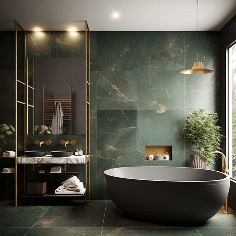 Dark Green Bathroom Tiles Master Bath, Marble Green Bathroom, Green Marble Tile Bathroom, Dark Tiled Bathrooms, Green And Black Interior Design, Dark Green Bathroom Tiles, Black And Green Bathroom Ideas, Dark Green And Gold Bathroom, Bathroom Green Marble