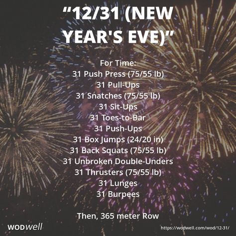 One of countless New Year's Eve WODs created by CrossFit boxes around the world. Many NYE WODs are specific to a year (ie: 2019 reps) but this version (aka: "31/12") from Upper Cape CrossFit (Cataumet, MA, USA) was the first we found that had a rep scheme that works for a re-test every year: "12 Movements; 31 Reps of each." Finish the year strong - again - on December 31! #newyearsevewod #holidaywod #nyewod #crossfit #wod #wodwell #benchmarkwod #testandretest Wods Crossfit, Crossfit Workouts Wod, Kettlebell Benefits, Crossfit Workouts At Home, Kettlebell Cardio, Crossfit At Home, Crossfit Wods, Crossfit Box, Background Story