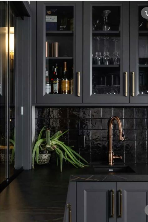 Black Built In Bar, Moody Cabinets, Moody Home Bar, Dark Moody Basement, Moody Basement Bar, Moody Basement, Built In Bar Cabinet, Moody Home, Bar Cabinets