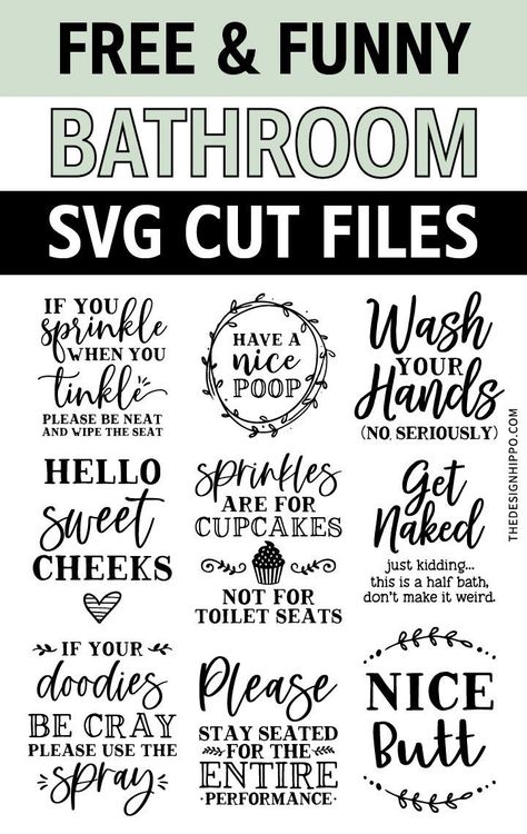 These free and funny bathroom SVG files are sure to spruce up your bathroom with humor! Featuring funny sayings made in script typography featuring wreaths and leaves, the signs are sure to make a cute addition to your farmhouse style bathroom #decor #diy #cricut #svg #bathroom #funny Bathroom Signs Diy Printables, Cricut Bathroom Ideas, Free Svg Bathroom Signs, Cricut Projects Bathroom Vinyl Decals, Funny Bathroom Decor Free Printable, Bathroom Sign Cricut, Things To Cricut Around The House, Bathroom Cricut Ideas, Sayings For Bathroom Signs