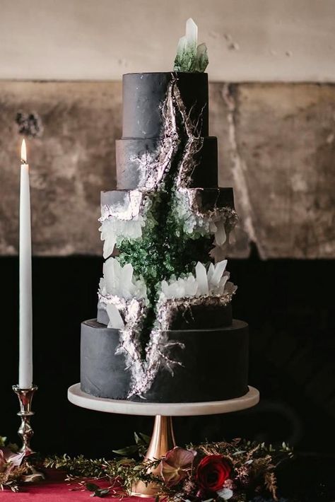 30 Sage Green Wedding Ideas ❤ sage green wedding tall black cake with green geode codyjamesbarry #weddingforward #wedding #bride #weddingcake #weddingtrends2020 Geode Cake Wedding, Green Wedding Cake, Geode Wedding, Geode Cake, Black Wedding Cakes, Viking Wedding, Dark Wedding, Sage Green Wedding, Cool Wedding Cakes