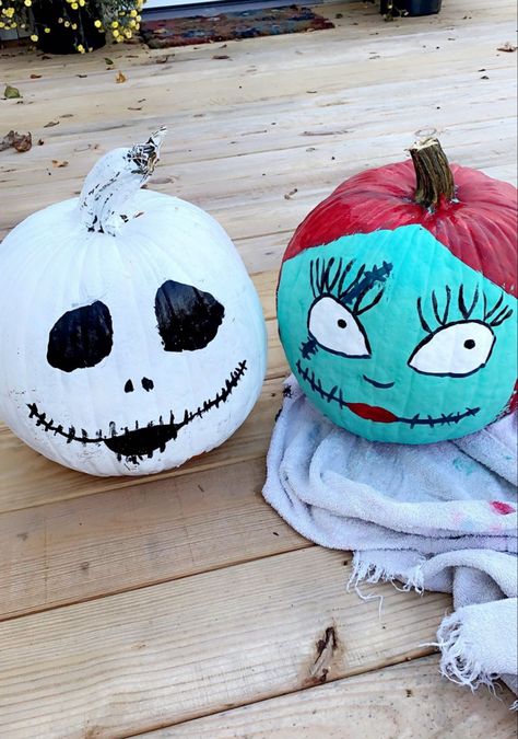 Sally Painting Pumpkin, Jack Skeleton Pumpkin Painting, Sally And Jack Pumpkin Painting, Pumpkin Painting Ideas Nightmare Before, Jack Skellington Pumpkin Painting, Pumpkin Painting Sally, Jack And Sally Pumpkin Painting, Nightmare Before Christmas Pumpkin Paint, Sally Nightmare Before Christmas Pumpkin