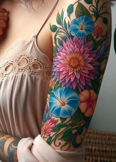 Birth Flower Tattoo Bliss: Stunning Designs | Pocoko Morning Glory And Aster Tattoo, Aztec Flower Tattoo, Aster Bouquet, Best Feminine Tattoos, Aztec Flower, Aster Tattoo, Sweet Pea Bouquet, Morning Glory Design, Morning Glory Vine