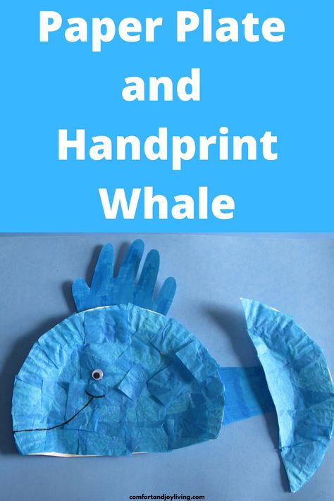 Paper Plate and Handprint Whale Handprint Whale, Humpback Whale Craft Preschool, Humpback Whale Craft, Blue Whale Craft Preschool, Whale Crafts For Toddlers, Whale Activities For Kids, Paper Plate Whale Craft, Paper Plate Whale, Snail And The Whale