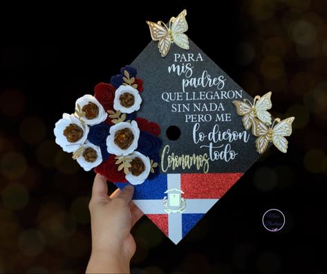 Dominican Graduation Cap, Dominican Graduation, Floral Grad Cap, Flag Graduation Cap, Dominican Flag, Custom Graduation Caps, Cap Graduation, Diy Graduation Cap, Material Flowers