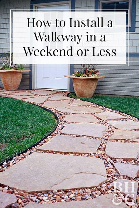 No Dig Landscaping, Gravel Walkway To Front Door, Side Of House Walkway, Flagstone Walkway With Pea Gravel, Flagstone And Gravel Walkway, Diy Gravel And Paver Walkway, How To Create A Gravel Walkway, Diy Stone Walkway, Paver Walkway Diy