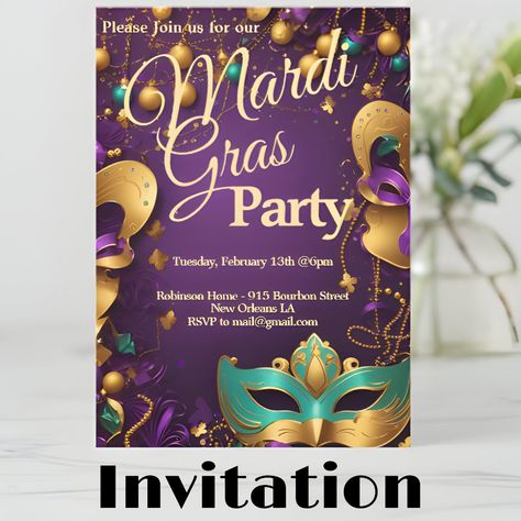 Mardi Gras Invitations, Mardi Gras Party, Bourbon Street, Party Invite, Menu Design, Mardi Gras, New Orleans, Party Invitations, Carnival