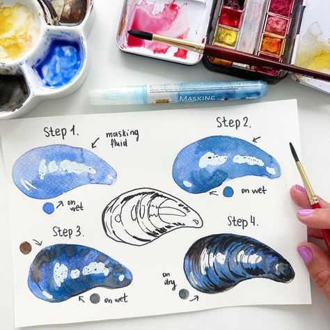 Anna Koliadych | Happy Friday 🦪🥰🎨! How to paint a mussel shell using #watercolor 🥰. #watercolortutorial #stepbystep #arttutorial #painting… | Instagram Painting Instagram, Shell Drawing, Brush Pen Art, Learn Watercolor Painting, Gcse Art Sketchbook, Mussel Shell, Learn Watercolor, Diy Watercolor Painting, Watercolor Projects