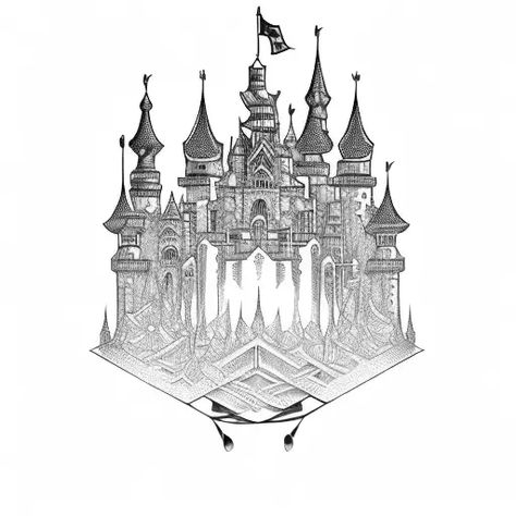 Palace Tattoo, Castle Tattoo Design, Floating Palace, Castle Tattoo, Blackwork Tattoos, Blackwork Tattoo, Tattoo Idea, Blackwork, Tattoo Design