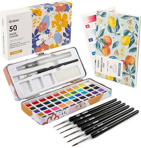 Amazon.com: Grabie Watercolor Paint Set 50 Colors in Portable Box with Water Color Pallet, Watercolor Papers and Brushes, Ideal for Adults, Artists and Hobbyists Grabie Watercolor, Watercolor Pallet, Art Supplies Gift, Water Brush Pen, Cute School Stationary, Artist Supplies, Sketch Books, Watercolor Paint Set, Stationary School