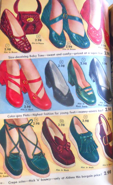 1951 Alden's catalog. Again, one of each. Plz. 50s Sandals, 1950's Shoes, Lana Lobell, 40s Shoes, 50s Shoes, 1950s Clothing, 1950s Shoes, Historical Shoes, 1950’s Style