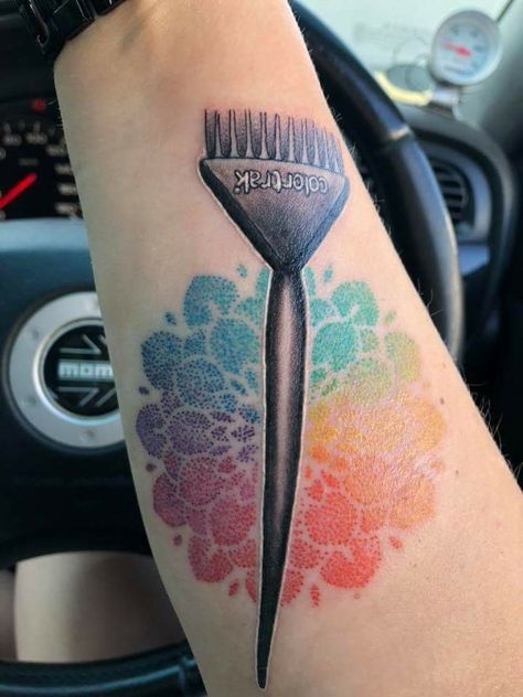 Not the brush but the color wheel design is beautiful Hair Color Brush Tattoo, Color Brush Tattoo Cosmetology, Tattoo Ideas Hairstylist, Hair Colorist Tattoo, Color Wheel Tattoo Hairstylist, Hand Tattoos For Hairstylist, Tattoos Hairstylist, Hairdressing Tattoos Ideas, Cosmetologist Tattoo