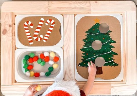 Flisat Table Activities Christmas, Flisat Cardboard Insert, Christmas Flisat Table Ideas, Flisat Table Inserts Diy, Christmas Flisat Table, Flisat Christmas, Christmas Sensory Activities Toddlers, Christmas Sensory Table, Flisat Table Activities