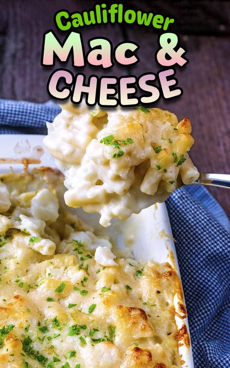 Cauliflower mac and cheese with a text title overlay. Low Carb Mac And Cheese, Creamy Mac N Cheese, Make Mac And Cheese, Healthy Mac N Cheese, Vegetarian Stew, Keto Fast Food, Low Carb Lasagna, Low Carb Burger, Quick Pasta Recipes