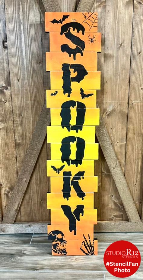 Vertical Spooky Tall Porch Sign Stencil - A stencil by the artists at StudioR12! Actual Cut Out Size of Artwork: STCL6554_1 (4 ft) Part 1 - 8.70 x 22.27" - (11" x 25") Part 2 - 8.65" x 23.20" - (11" x 28") Don't you just love Halloween? If your family embraces the spooky side of October, then this tall porch sign is for you! Featuring a vertical rectangular pattern with images of bats and the word, "Spooky", this template can be used for painting on a variety of surfaces, including wood signs, f Signs Made Out Of Pallets, Halloween Sign Ideas Diy, Diy Wood Halloween Signs, Painted Fall Signs, Wood Fall Decorations, Fall Porch Leaners, Porch Signs Diy, Pallet Dyi, Halloween Wooden Signs