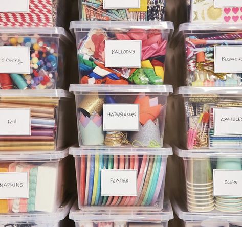 School Office Desk Organization, Multipurpose Storage Room, Clear Bin Organization Closet, The Home Edit Classroom, Small Craft Closet, Balloon Organization, Craft Cabinet Organization, Classroom Supply Organization, Organize Inspiration