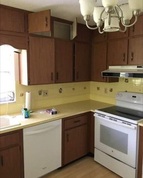 70 Kitchen Makeover, Remodeling A 70s Ranch House, Yellow Tile Countertops Kitchen, 1950s Ranch Remodel Kitchen, Remodel 70s Kitchen, 70s Ranch Kitchen Remodel, Kitchen With Yellow Countertops, 1970 Kitchen Cabinets Makeover, Yellow Kitchen Countertop