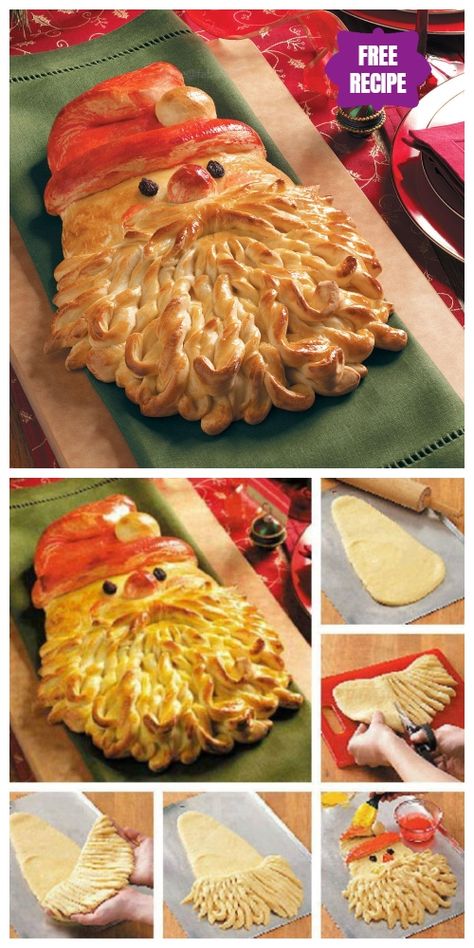 DIY Christmas Golden Santa Bread Recipes Santa Bread Head, Christmas Tree Shaped Bread, Christmas Bread Art, Christmas Shaped Bread, Bread Wreath Christmas, Christmas Bread Scoring, Santa Bread, Bread Shapes, Christmas Bread Recipes