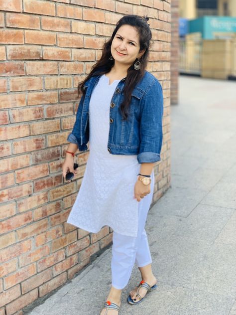 Blue Kurti With White Plazo, White Plazo, Kurti And Plazo, Plazo Pant, Blue Kurti, Denim Jacket Style, White Kurti, Summer Color Trends, Kurti Fashion