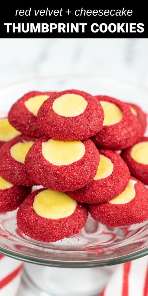 Thumbprint Cookies Recipe Cream Cheeses, Red Velvet Cream Cheese Thumbprint Cookies, Cherry Thumbprint Cookies Holidays, Chocolate Thumbprint Cookies Recipe Hershey's Kisses, Thumbprint Cookie Filling Ideas, Amazing Easy Recipes, Thumbprint Cookies Recipe, Red Velvet Cheesecake, Red Velvet Cookies