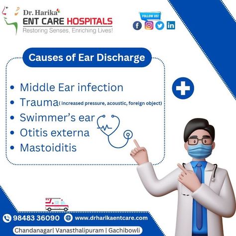 Consult an ENT specialist if the discharge is white, yellow or with blood. A prolonged discharge for more than five days is also a sign to visit an ENT specialist. To consult Our ENT specialist call us at : 9848336090 or visit www.drharikaentcare.com #earhospital #drharikaent #entcare #nosehospital #throathospital #health #healthylifestyle #ear #nose #throat #healthyliving #doctor #surgery #healthcare #SurgeonGeneral Ent Specialist, Ear Nose Throat, Swimmers Ear, Middle Ear, Care Hospital, A Sign, Surgery, Healthy Living, Health Care