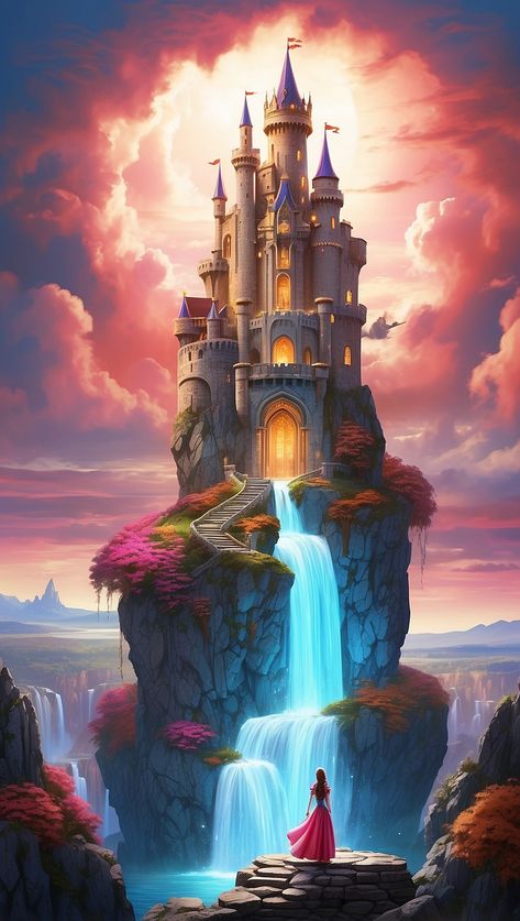 Wooden Castle Fantasy Art, Earth Castle Fantasy Art, Castle With Waterfall, Castle In Clouds Drawing, Fairy Tale Aesthetic Princesses, Castle Illustration Fairytale, Magical Castle Fantasy Fairytale, Castle Fantasy Art, Fairytale Artwork