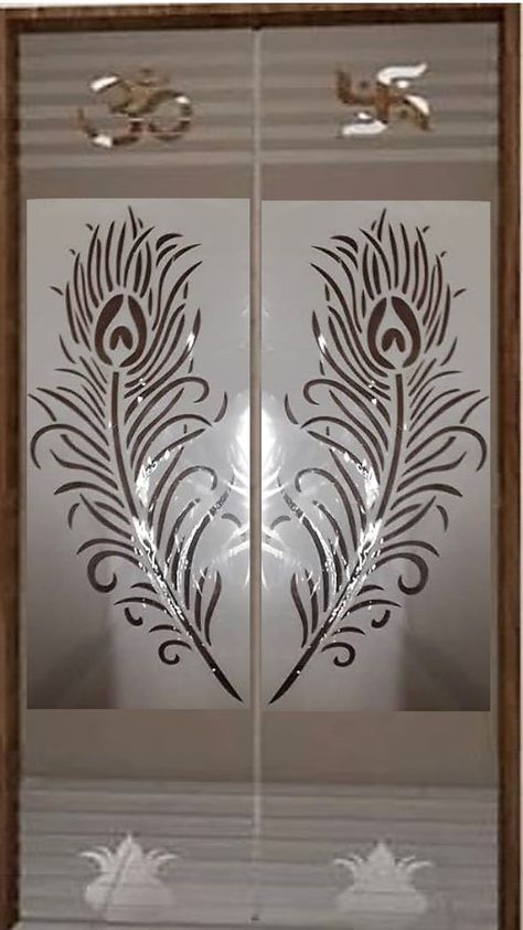 Lotus Door Design, Ganesh On Glass Door, Mor Pankh Cnc Design, Frosted Glass Design For Mandir, Mandir Gate Design, Etched Glass Door For Pooja Room, Puja Door, Temple Glass, Cnc Panel