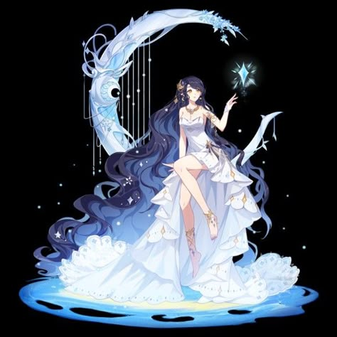 Moon Goddess Oc Art, Moon Goddess Outfit, Goddess Character Design, Moon Character Design, Hyanna Natsu, Moon Goddess Art, Moon Oc, Anime Moon, Anime Goddess