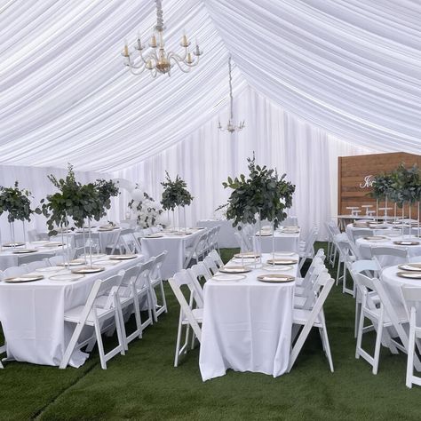 White Tablecloths Wedding, White Tent Party Backyards, Talavera Party, White And Gold Tent Draping, Outdoor Wedding Reception Clear Tent, Tented Wedding Reception With Hanging Flowers, Party Ceiling Decorations, Clear Tent Wedding Chandeliers, Ceiling Drapes