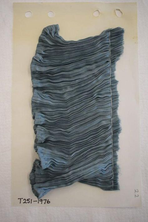 Made 1920-1929 and designed by Fortuny. This fabric is blue silk pleated by Fortuny's method. The hem is sewn with matching blue silk. Runway Moodboard, Decay Textiles, Fabric Moodboard, Fortuny Pleats, Fortuny Fabric, Mariano Fortuny, Blue Drapes, Aesthetic Dress, Funky Outfits