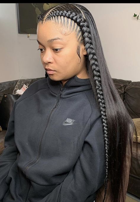 Braid With Hair Out In The Back, Easy Two Braids Hairstyles Black, 2 Braids Straight Hair, Two Braids In The Front And Hair Down, 2 Braids In Front With Hair Down, Front Braids With Hair Down, 2 Front Braids, Two Front Braids With Hair Down, Half Feed In Braids Half Sew In